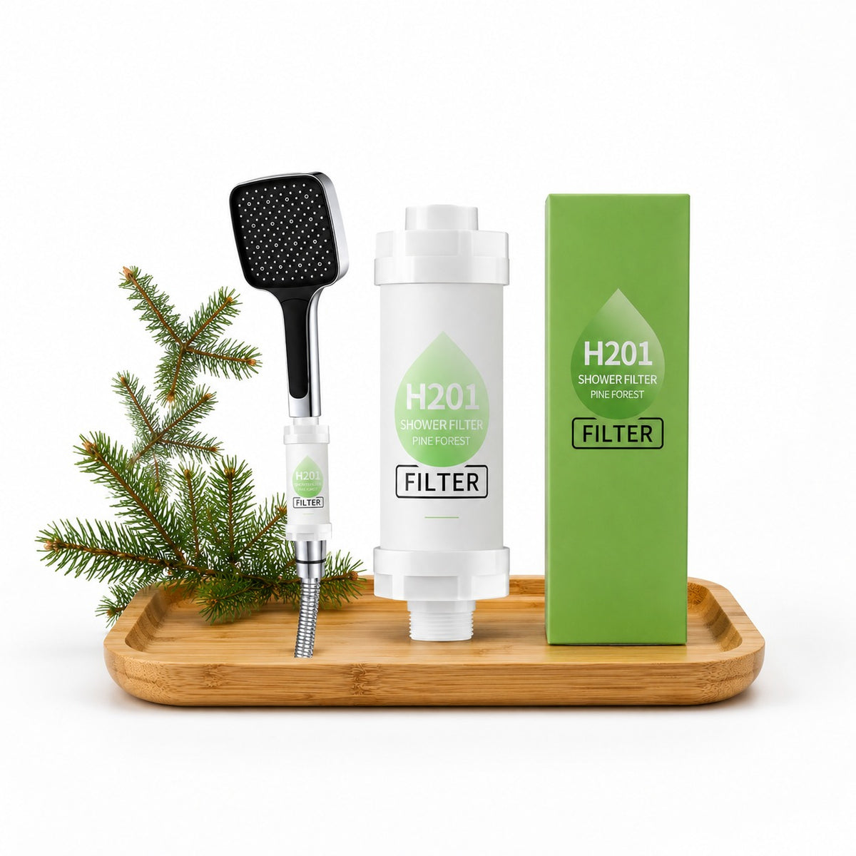 H201 shower filter set with shower head and packaging on a wooden tray