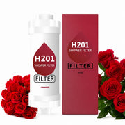 H201 shower filter with packaging and red roses on a white background