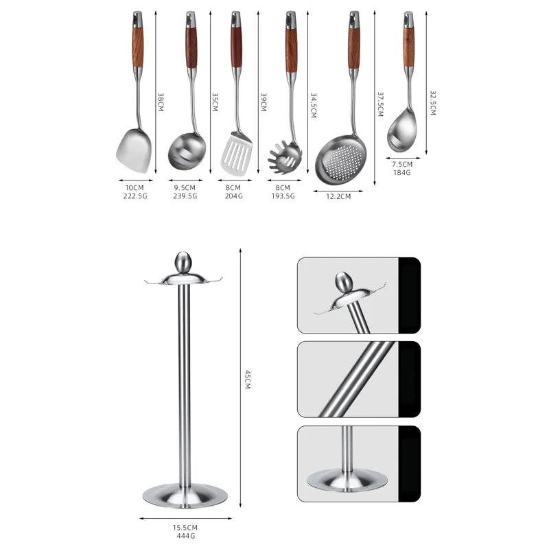 Stainless Steel Kitchenware Spatula Set with Wooden Handle with its size