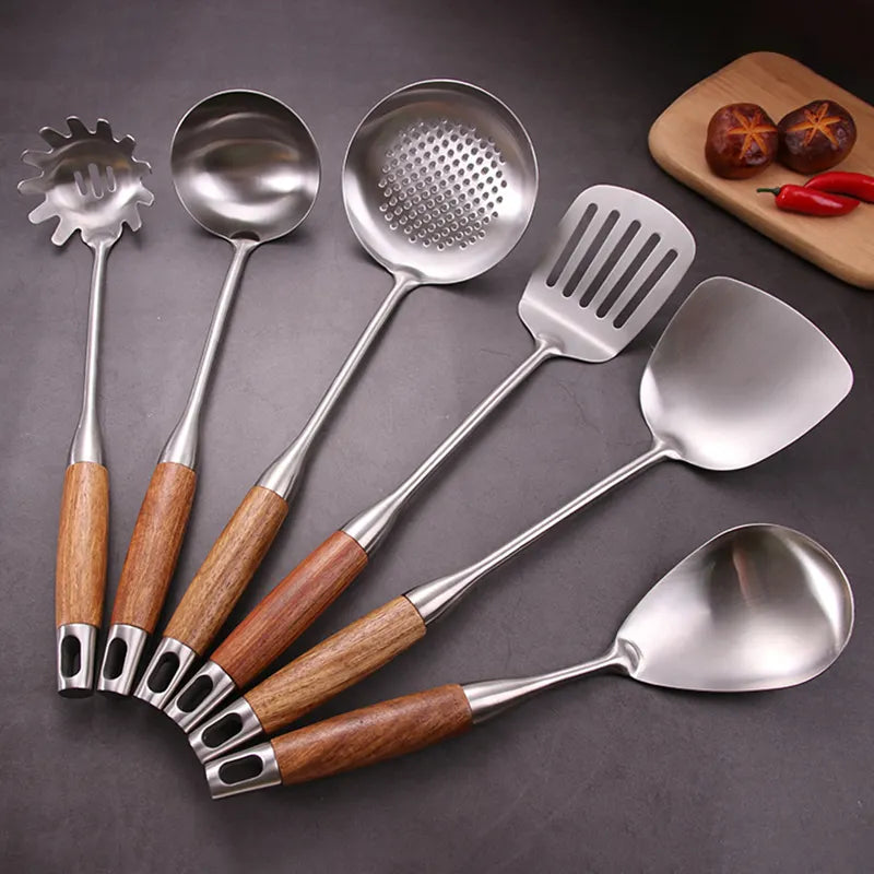 6 Pcs Stainless Steel Kitchenware Spatula Set with Wooden Handle