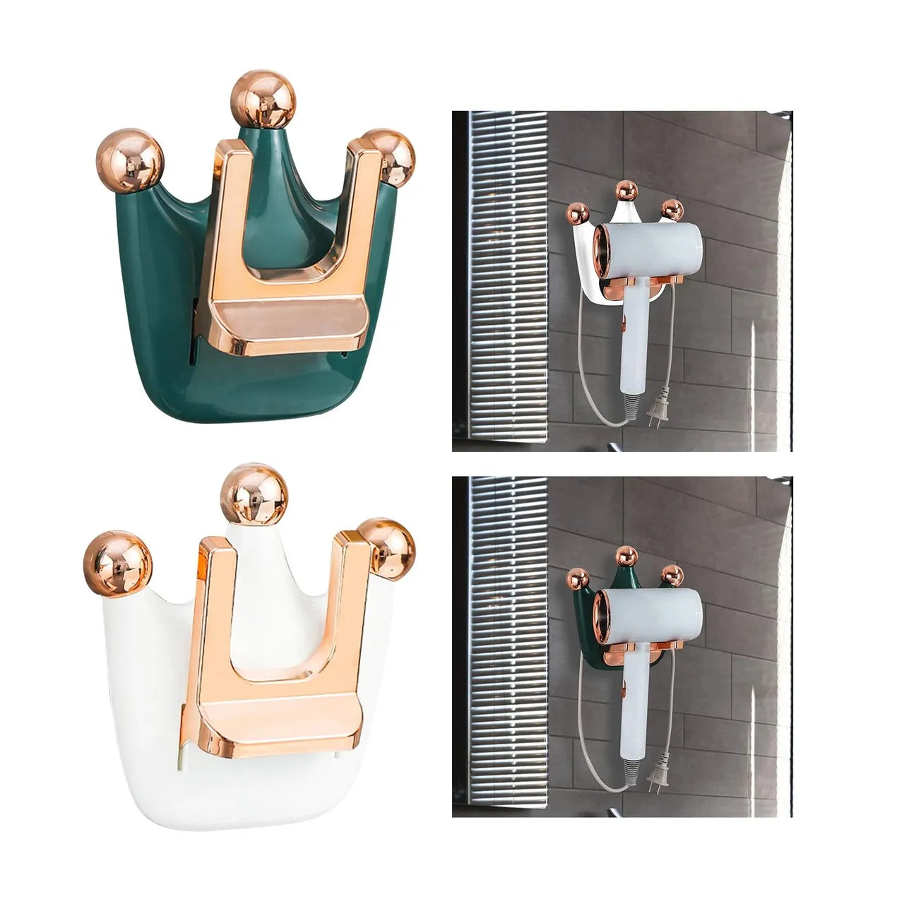 A collage of wall mounted hair dryer holder