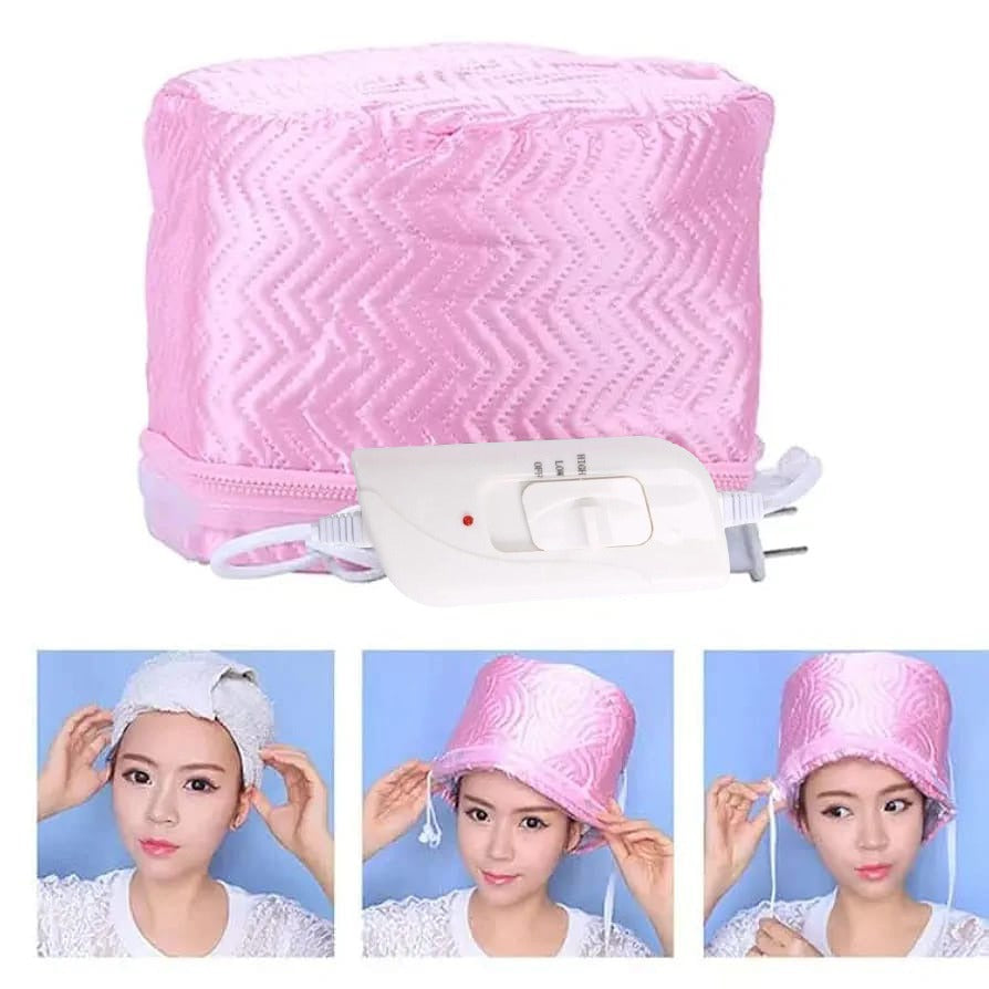 A woman is enjoying a deep-conditioning session with a Multi-Purpose Electronic Hair Treatment Cap.