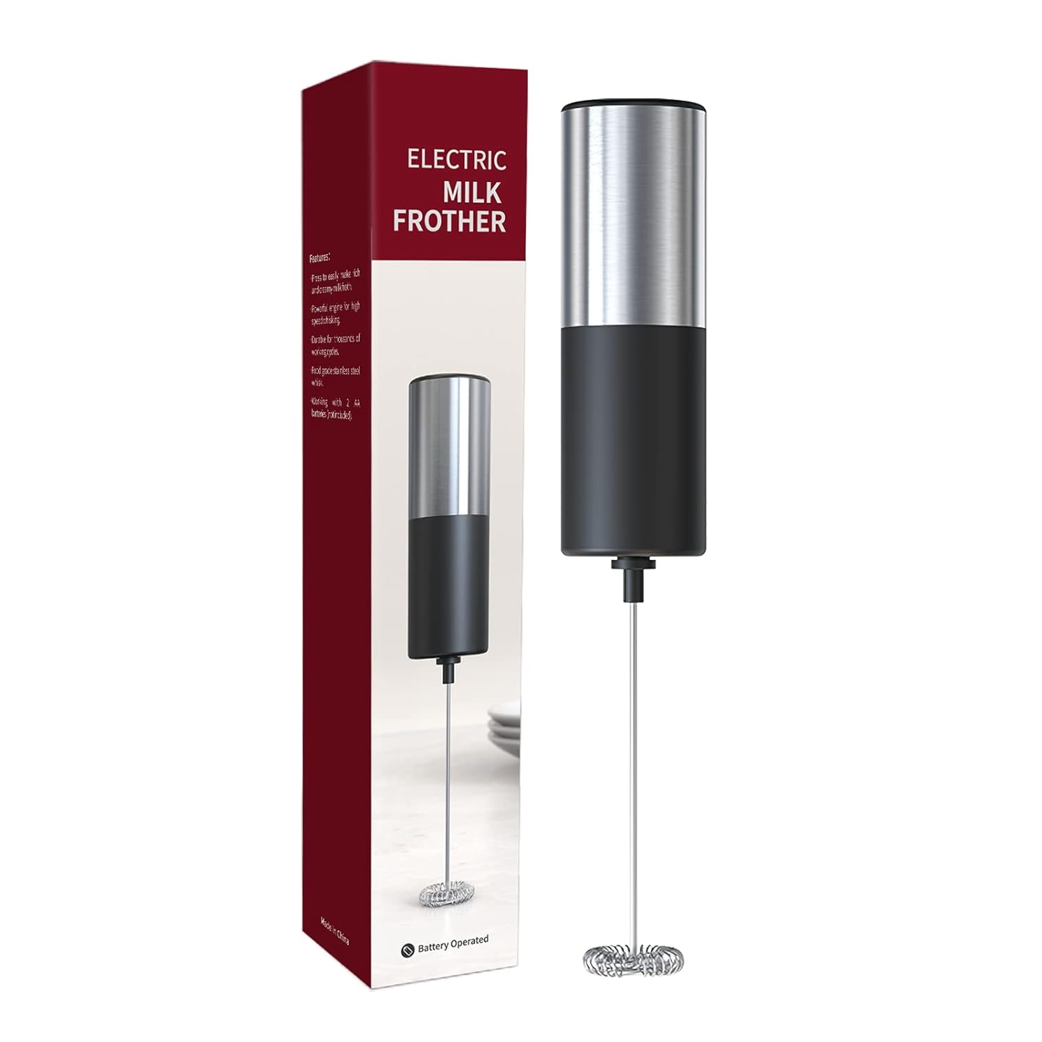 A Handheld Electric Milk Frother wIth its Pack.