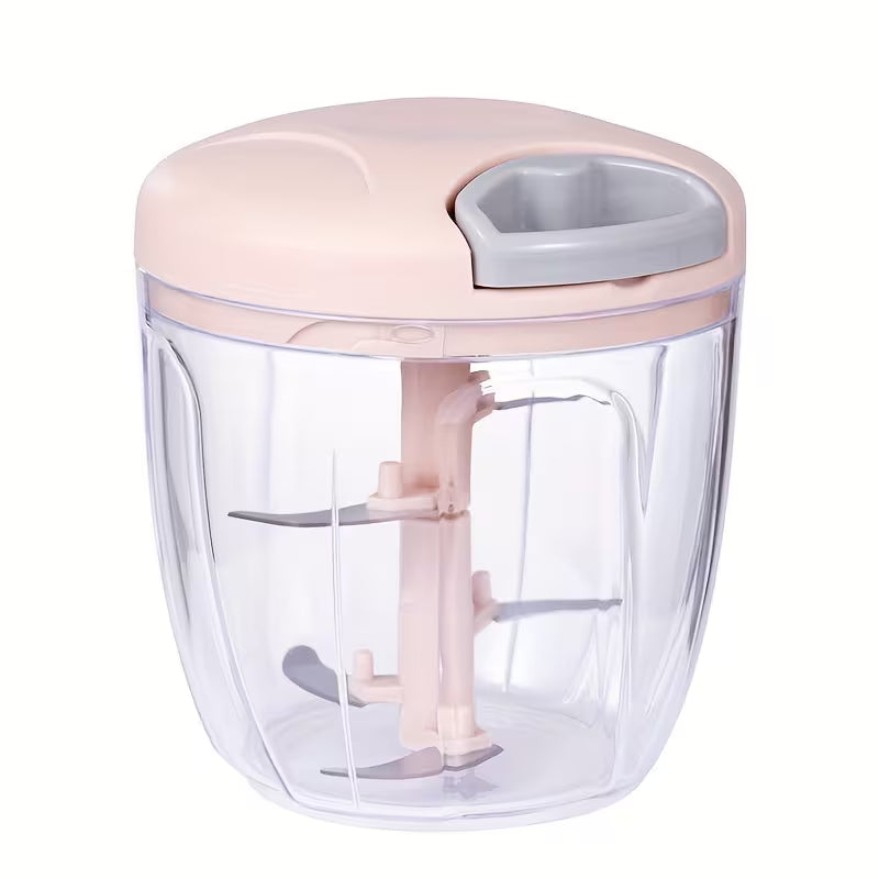 Handheld food chopper with a clear container and light blue lid on a white background