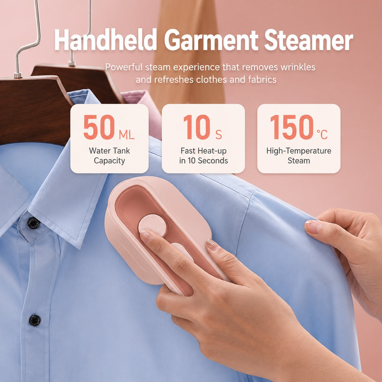 Handheld garment steamer being used on a shirt with product features displayed.