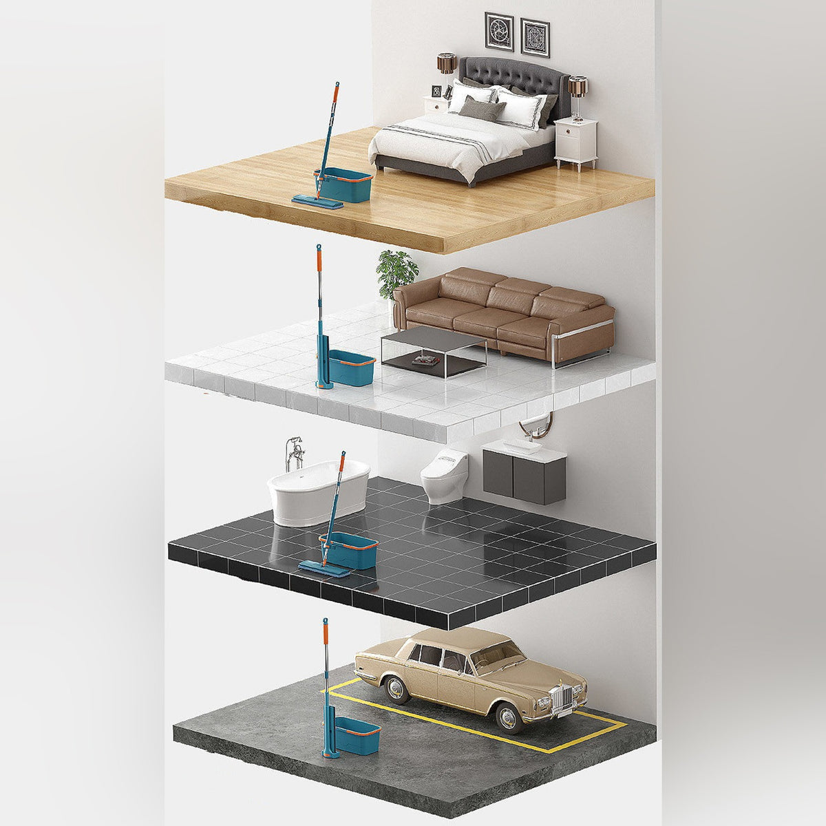 Different Scenarios For  Using Self Squeezing Micro Fiber Flat Mop With Bucket.