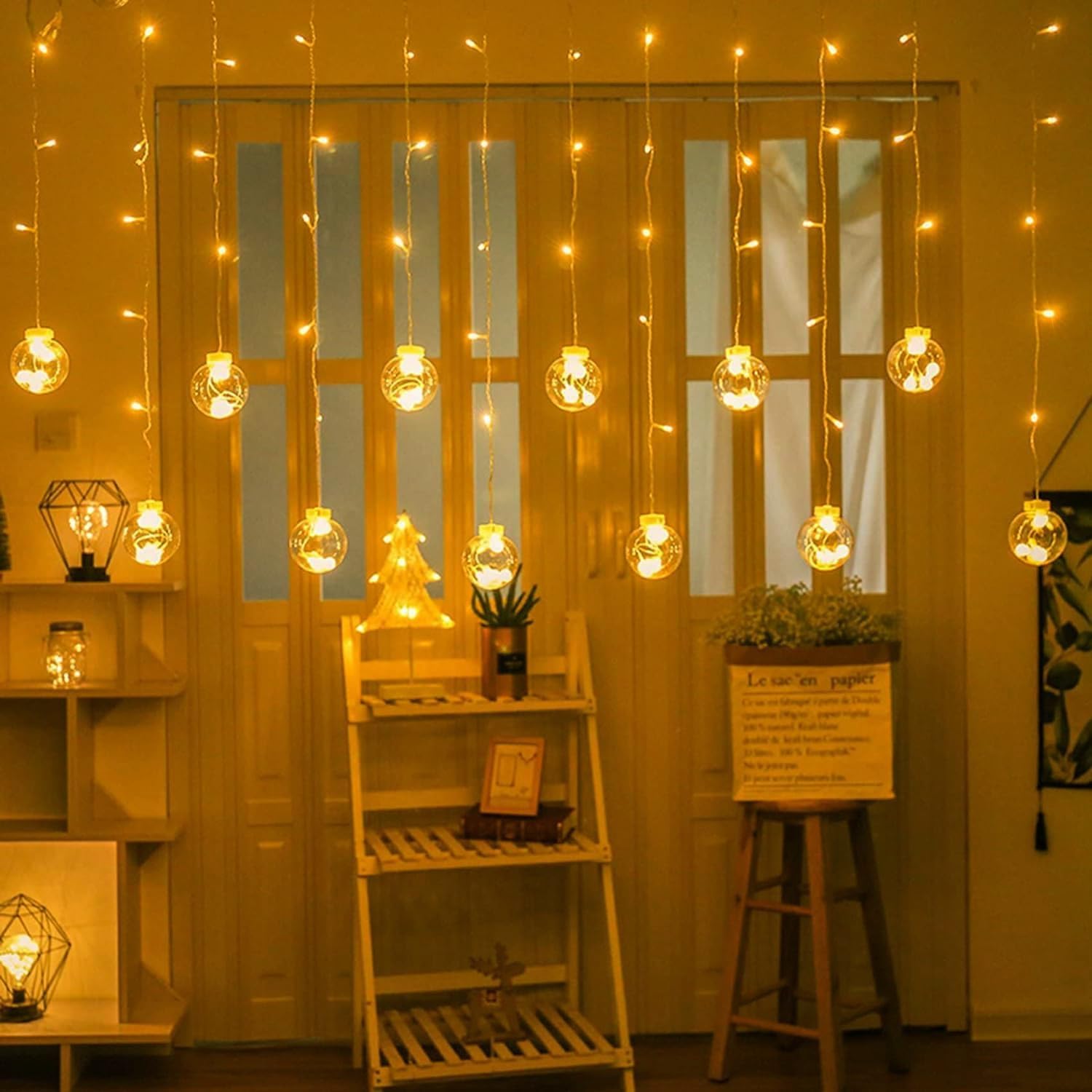 Hanging Ball String Lights are Hanged Inside a House.
