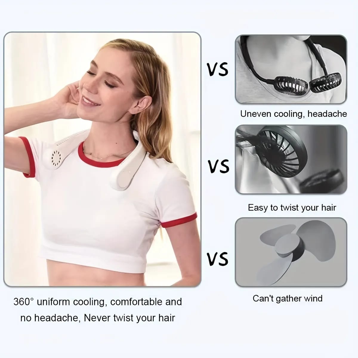 A Women Wearing Vaneles Hanging Neck Fan and Comparison With Other Design.
