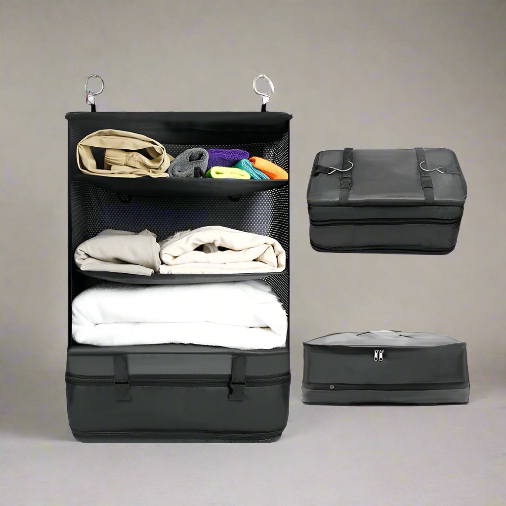 Hanging Travel Shelf Organizer With Clothes.