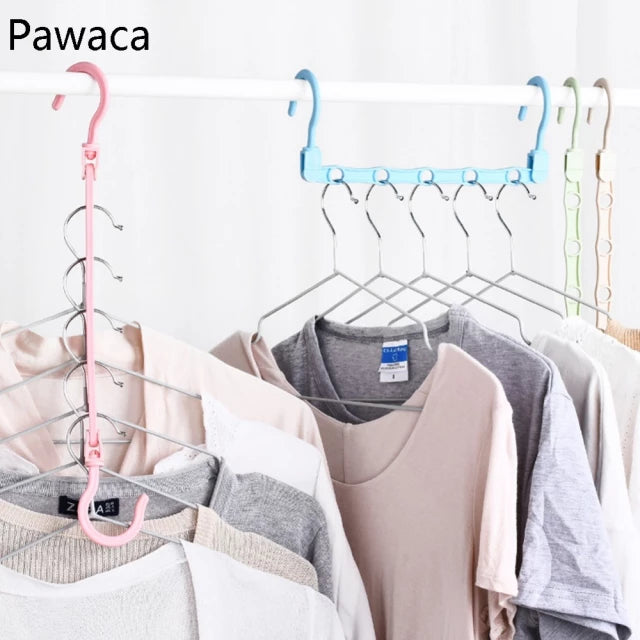A collection of garments hanging on Multifunctional Adjustable Hook Cloth Hanger, organized on a rack