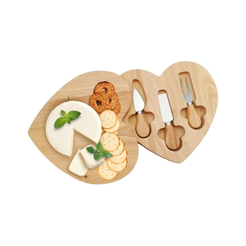 Heart-shaped wooden cheese board with built-in knife storage and served rcheese and crackers.