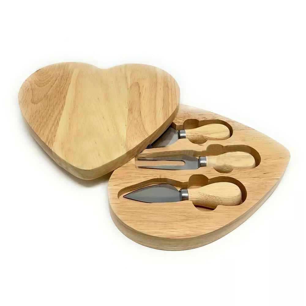 Heart-shaped wooden cheese board with built-in knife storage and serving area for cheese and crackers.