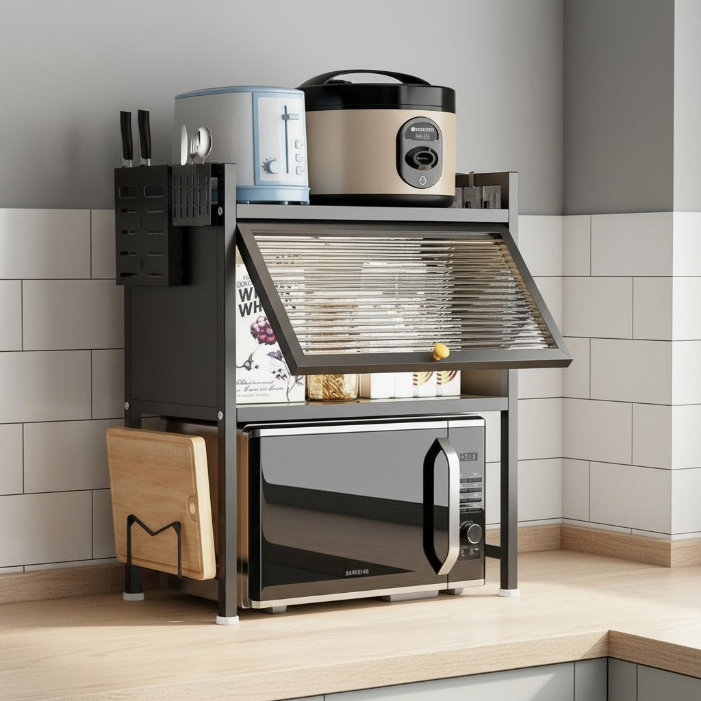 Oven and Multiple Kitchen Essentials are Organized in a Heavy-Duty Microwave Oven Shelf Rack.