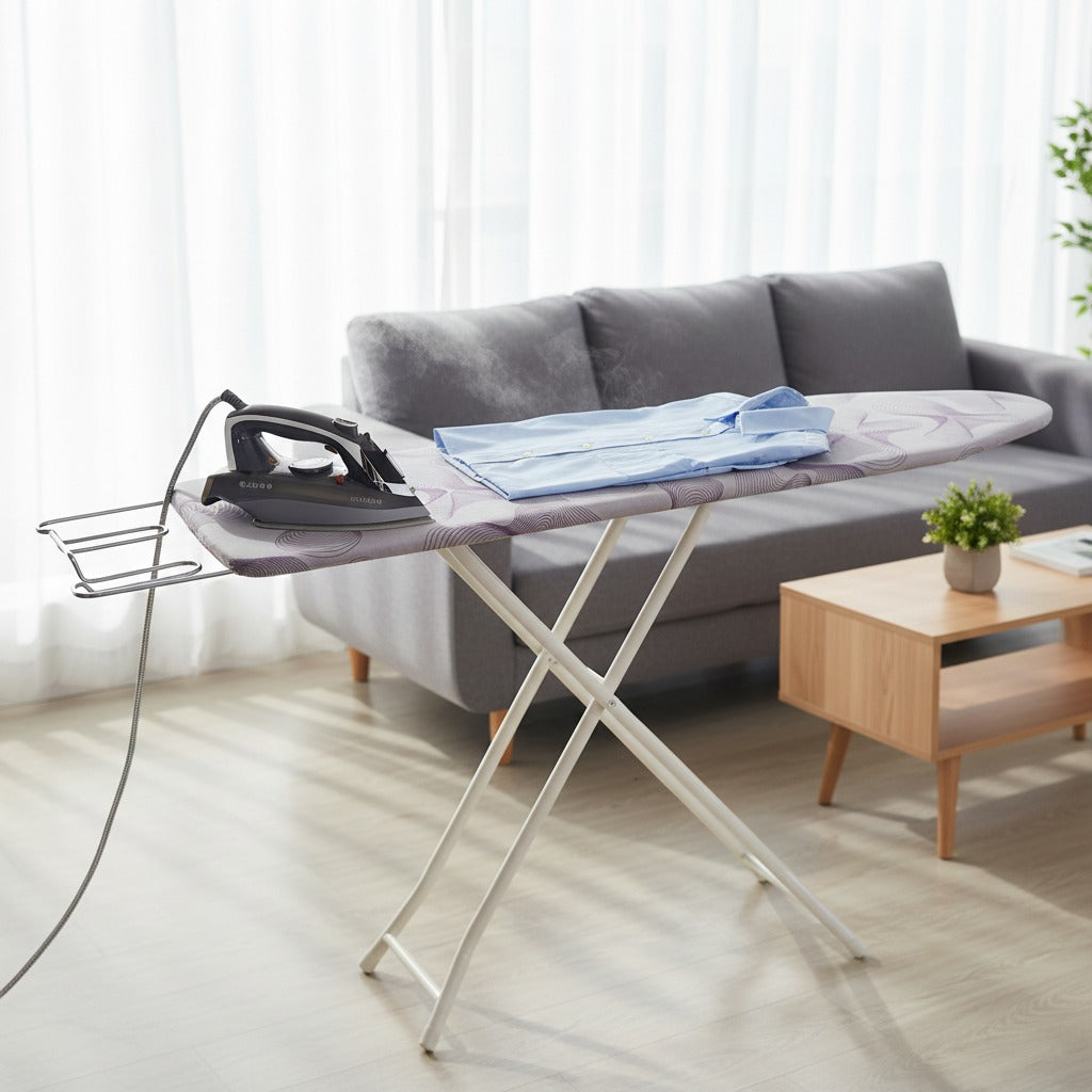 Heavy-duty folding ironing board with iron and clothes set up in a bright living room near a sofa and coffee table.
