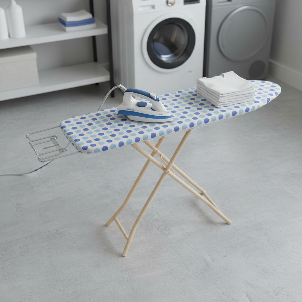 Heavy-duty folding ironing board with iron and clothes set up in a laundry area.