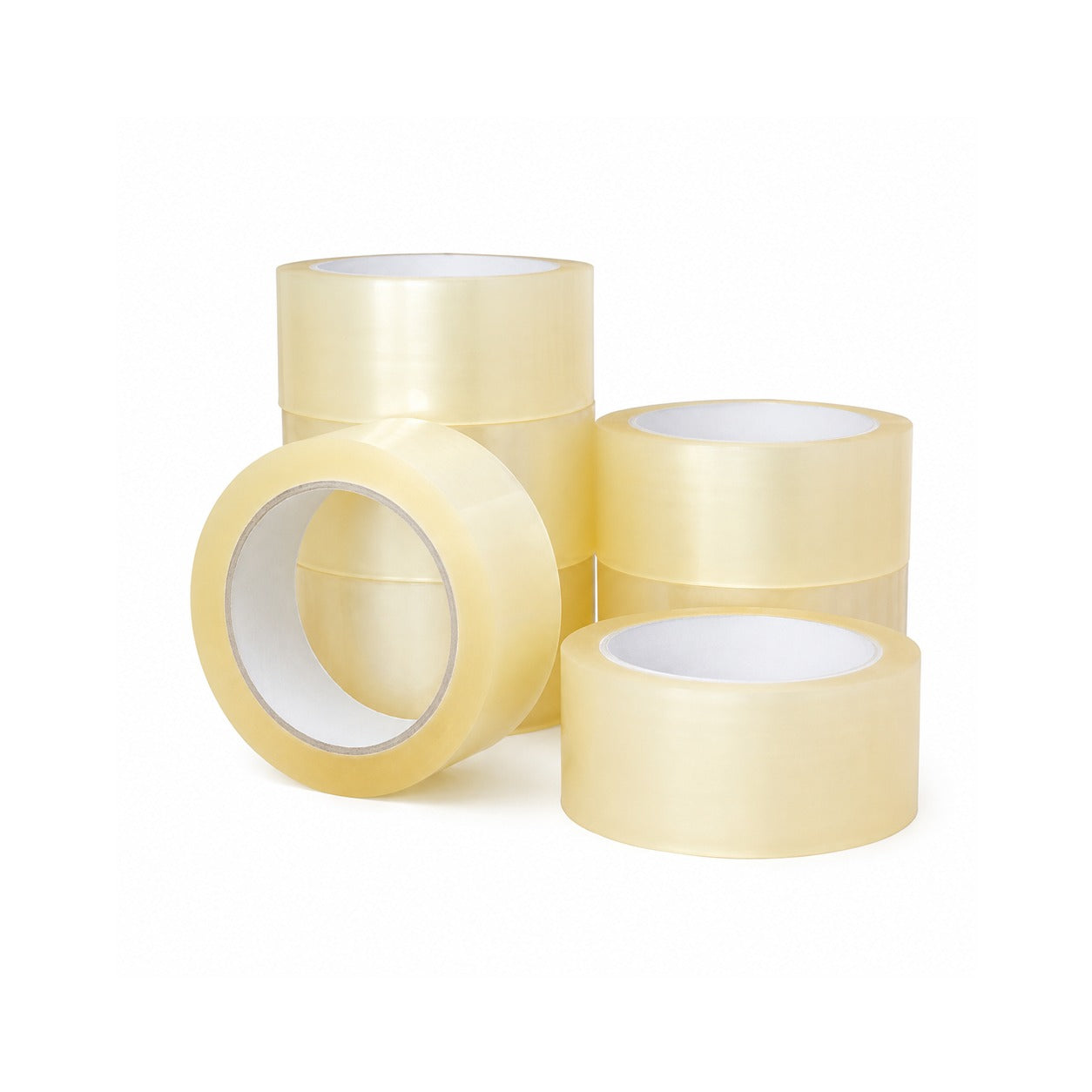 Four rolls of clear Heavy Duty Adhesive Packaging Tape  with white inner cores, arranged on a plain white background.