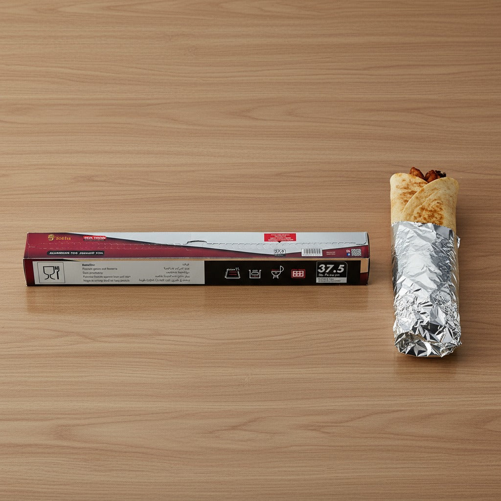Food item is Wrapped in a Heavy Duty Aluminium Foil and a Package is Placed Nearby.