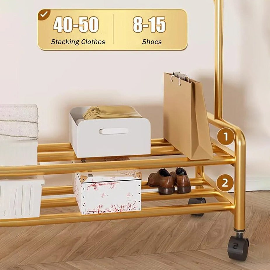 Heavy Duty Clothes Organizer Hanger Rack Where Shoes and Baskets are Arranged On it.