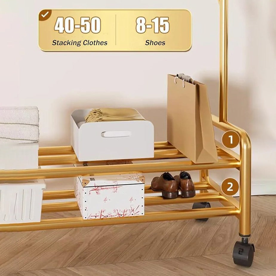 Heavy Duty Clothes Organizer Hanger Rack, Movable Cloth Display Stand with Lower Storage Shelf Heavy Duty Clothes Organizer Hanger Rack, Movable Cloth Display Stand with Lower Storage Shelf