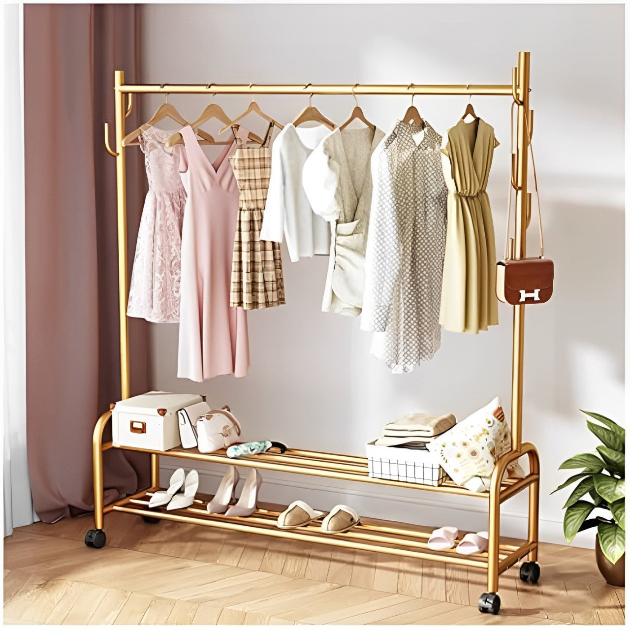 Heavy Duty Clothes Organizer Hanger Rack With Clothes and Shoes Are Arranged On it.