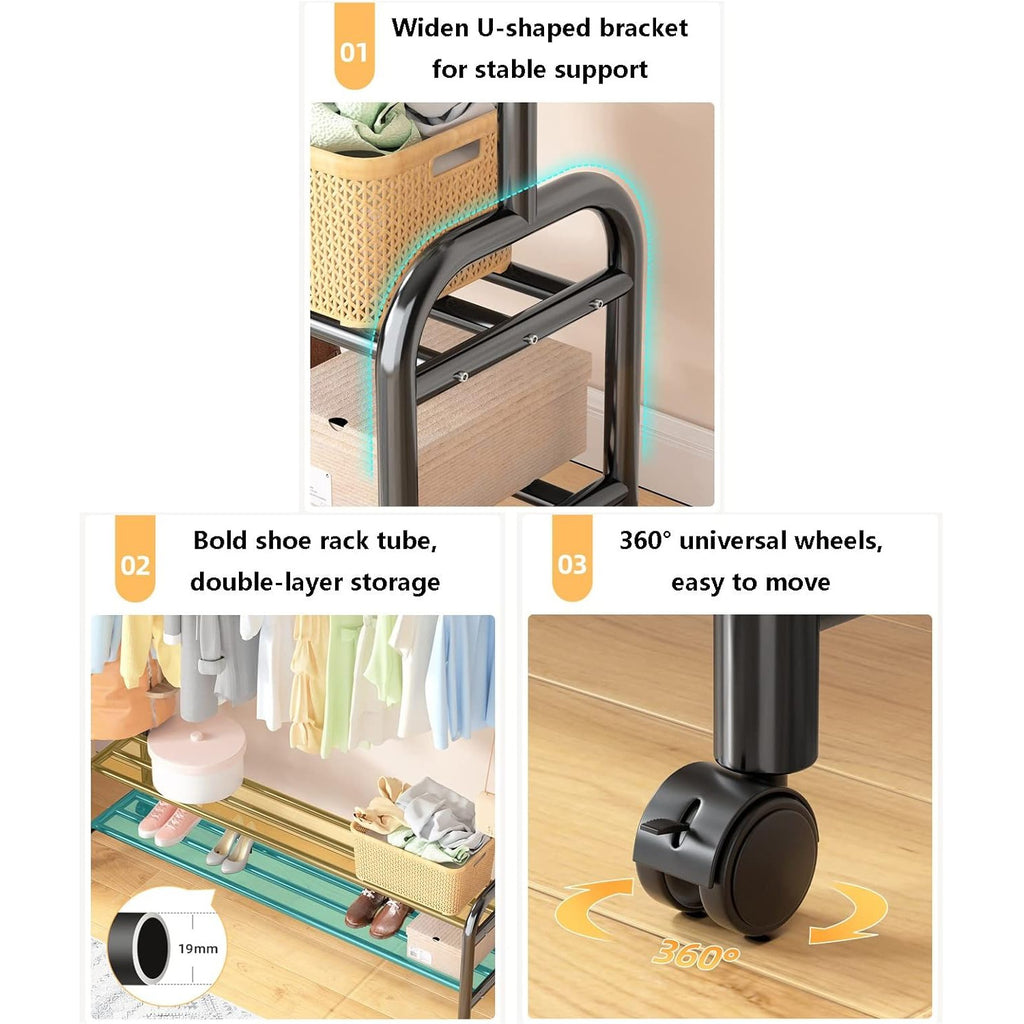Heavy Duty Clothes Organizer Hanger Rack, Movable Cloth Display Stand with Lower Storage Shelf Heavy Duty Clothes Organizer Hanger Rack, Movable Cloth Display Stand with Lower Storage Shelf