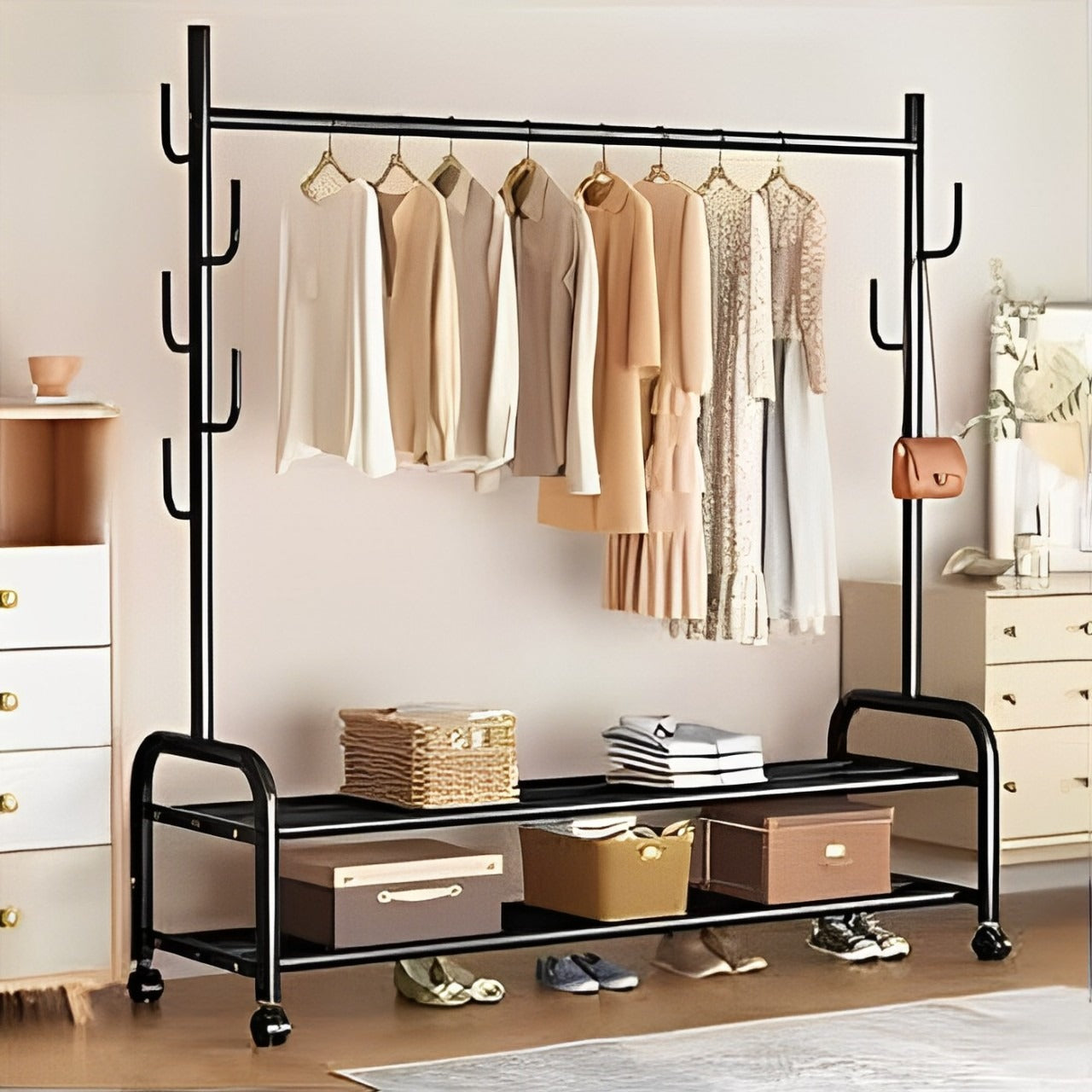 Heavy Duty Clothes Organizer Hanger Rack With Clothes and Shoes Are Arranged On it.