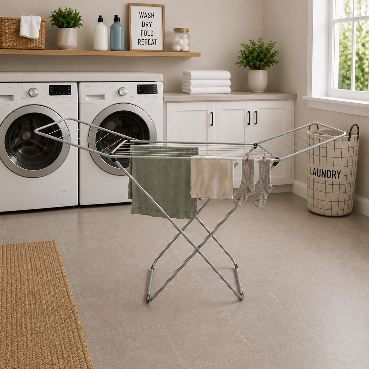 Laundry room with washing machines, Heavy Duty Foldable Clothes Drying Rack, and clothes on a rack.