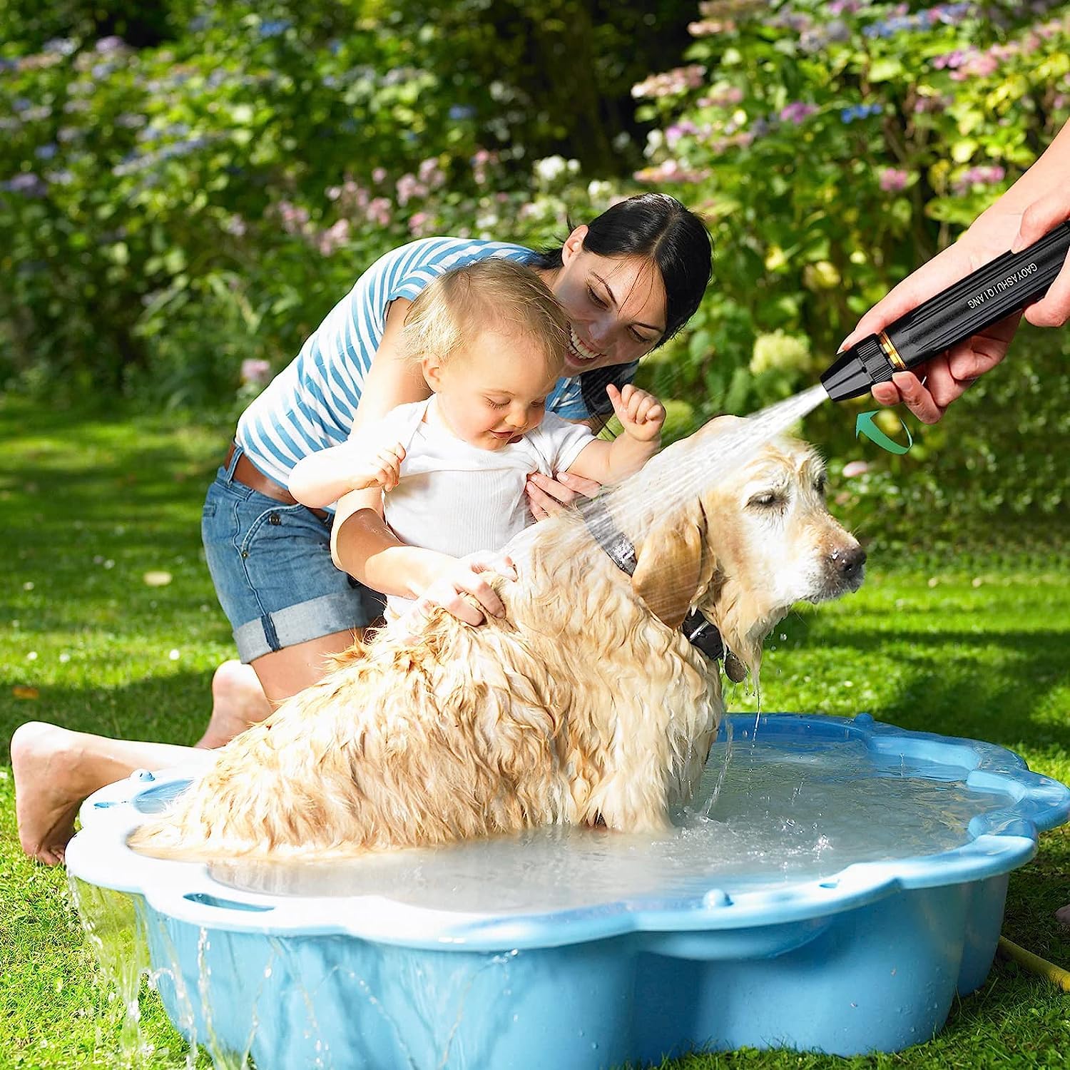 A Person is Ceaning his Pet Using High Pressure Car Washing Water Spray Gun Set.