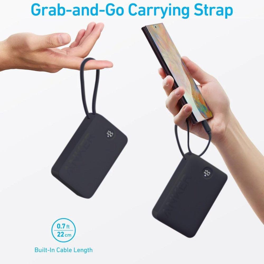 Two Person's Are Holding Anker Ultra Compact Power Bank (20,000 mAh, 22.5W, Built- In -USB- C Cable) - A1647H111 Connected With Mobile Phone.