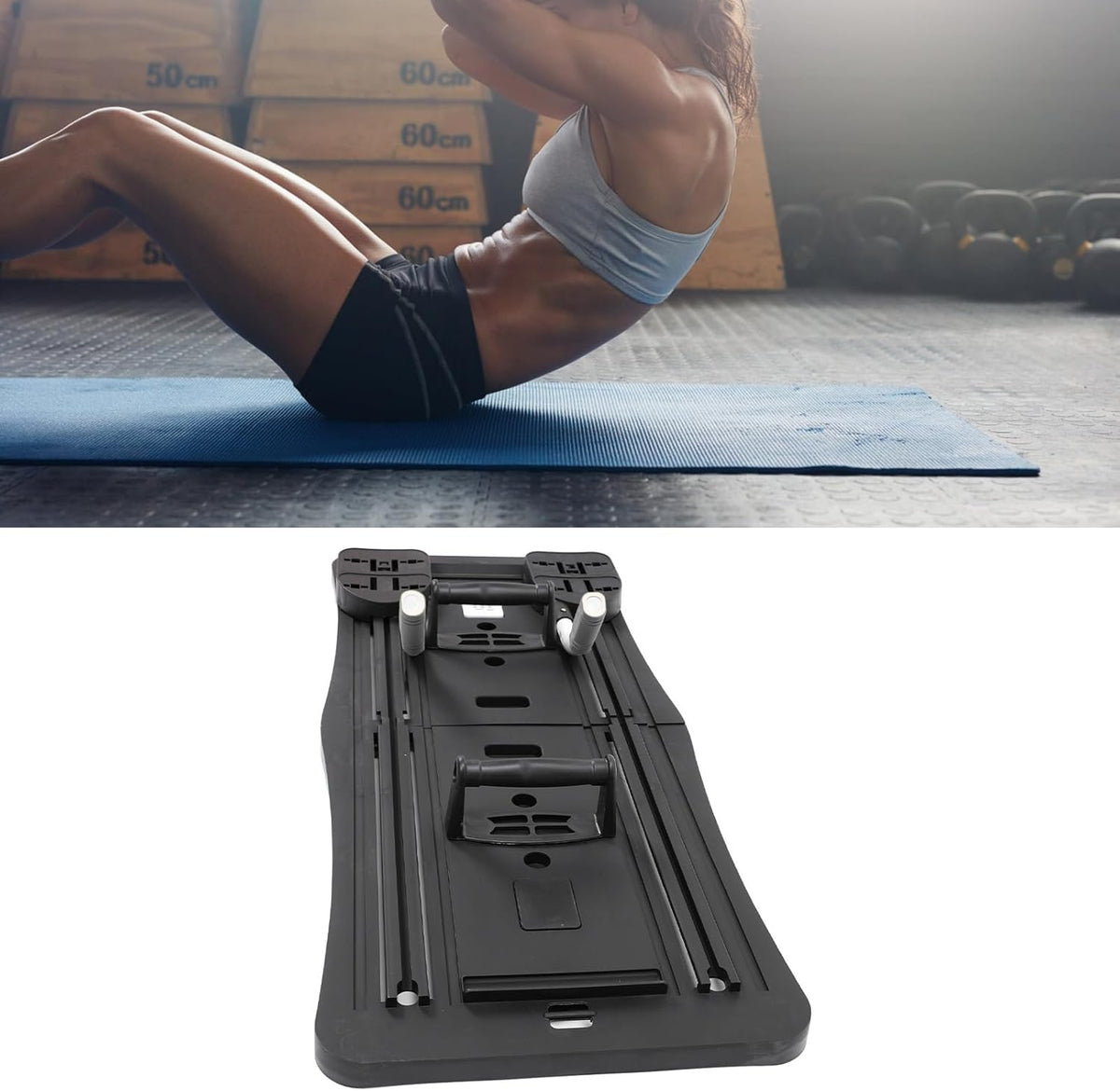 Collage of Home Multiple Training Board with a woman working out.