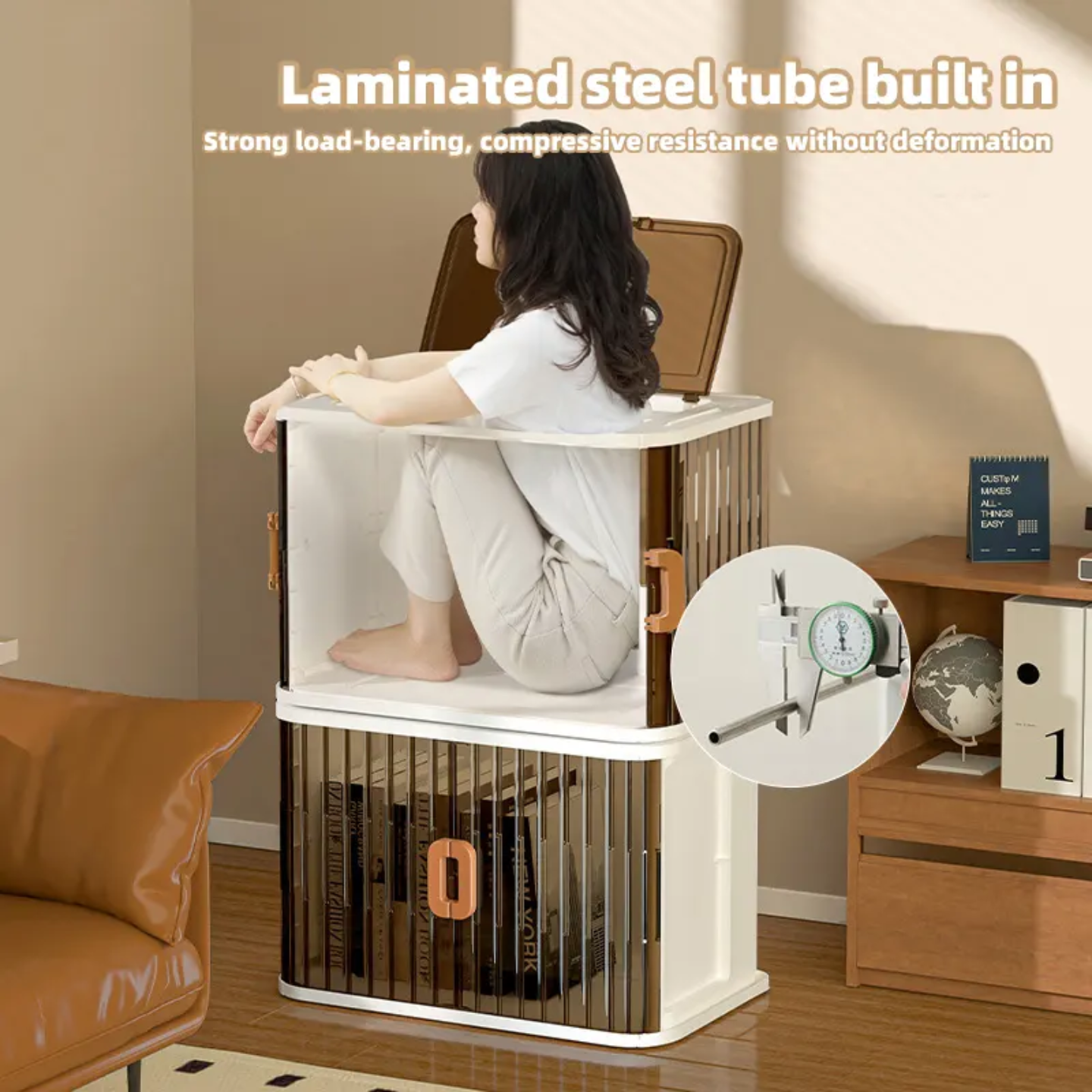 A Woman is Sitting Inside Home Storage Bins.