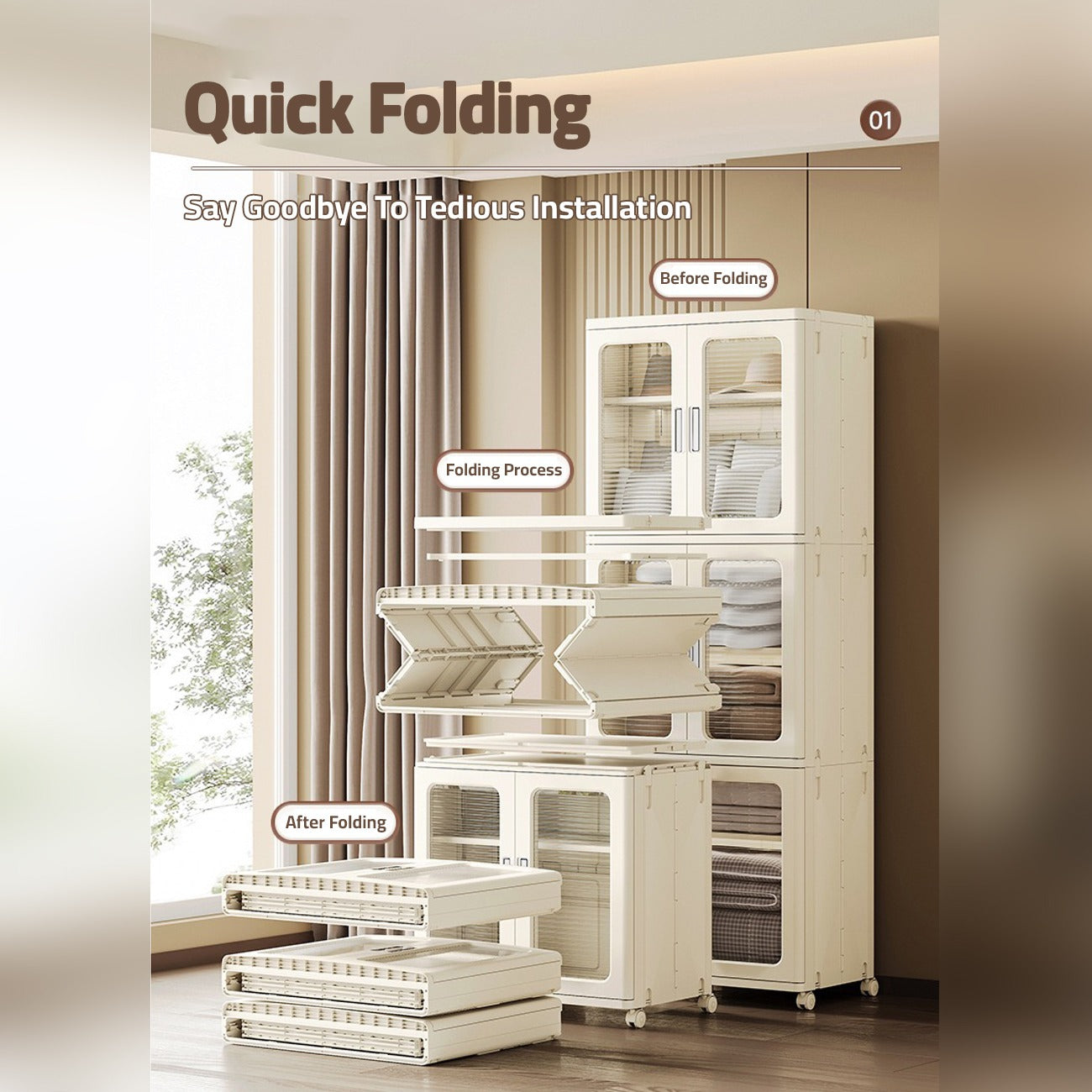 Home Storage Cabinet Organizer in Folded and Unfolded Position.