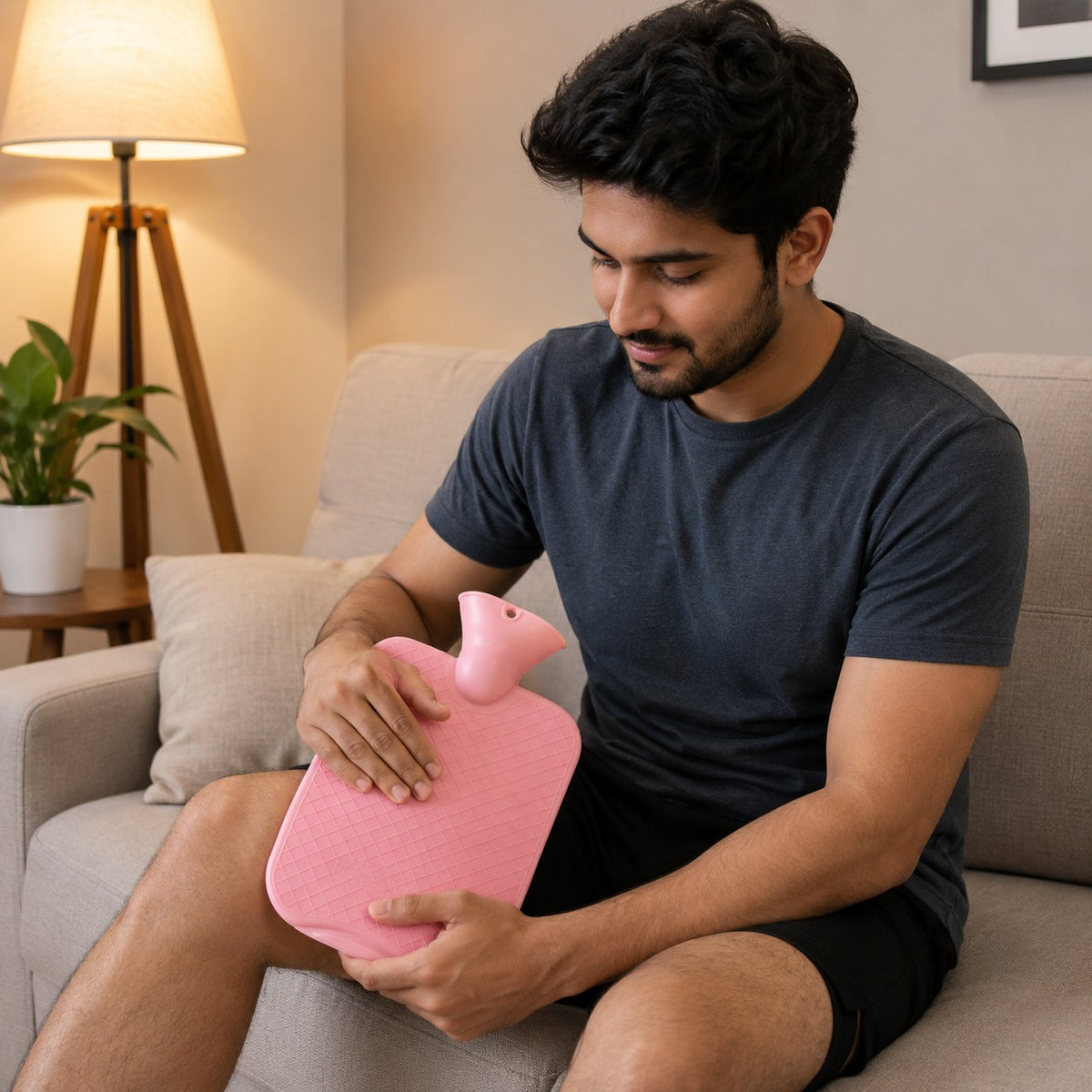 A man sitting on a beige couch in a living room setting, holding a pink hot water bottle against his lap.