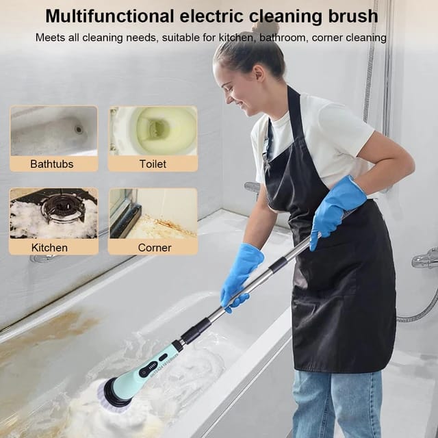 A lady cleaning a bathtub using the  9-in-1 Multifunctional Electric Cleaning Brush