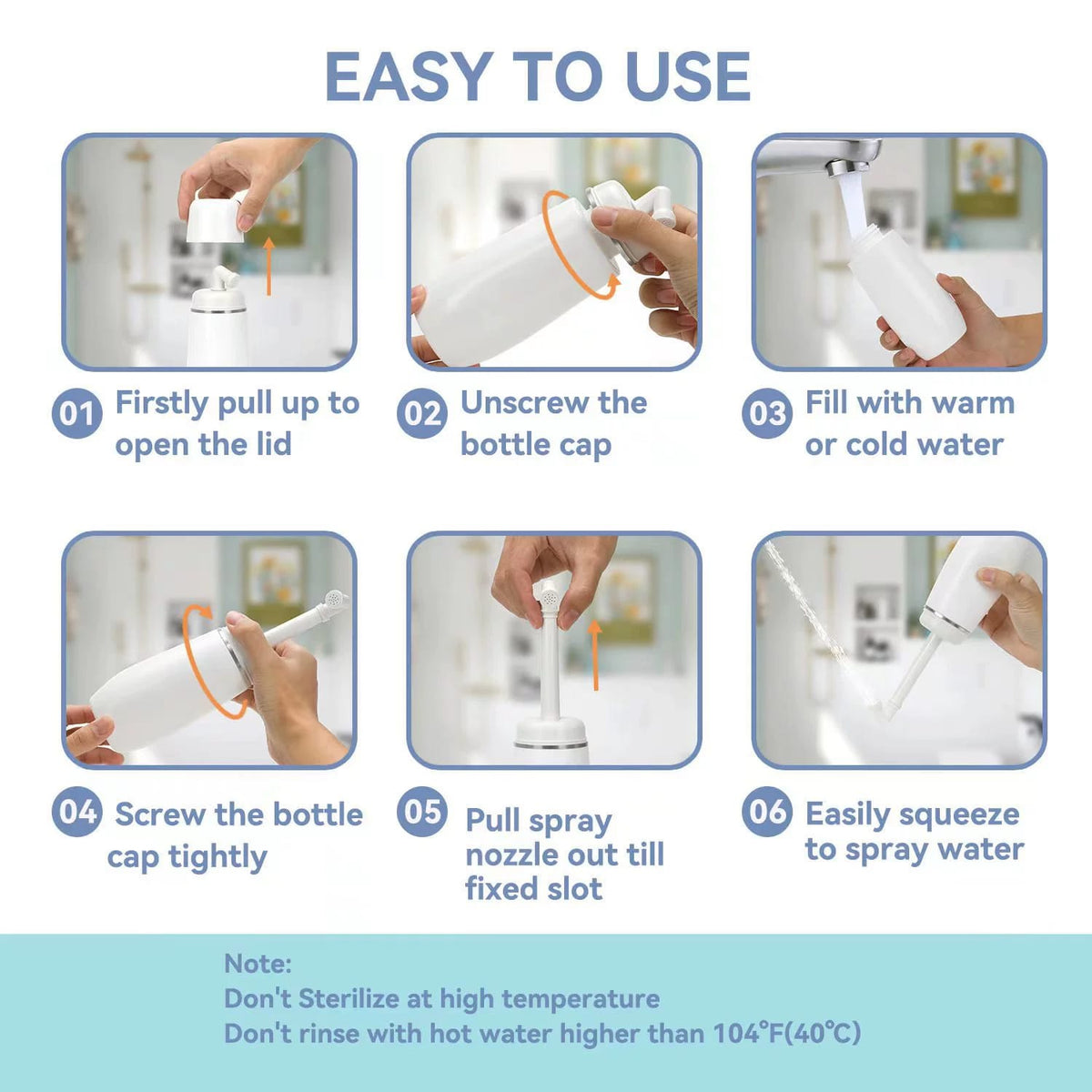 Virtual instructions on how to use the Portable Travel Bidet Bottle