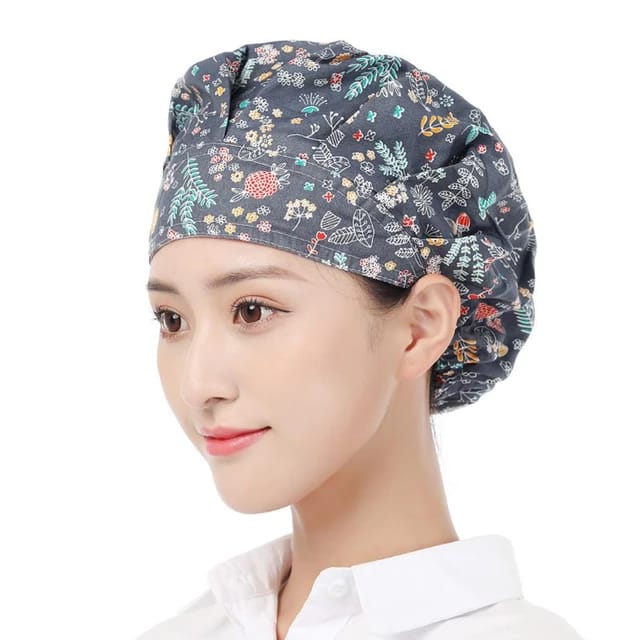 A lady wearing a Kitchen Household Adjustable Cooking Chef Cap