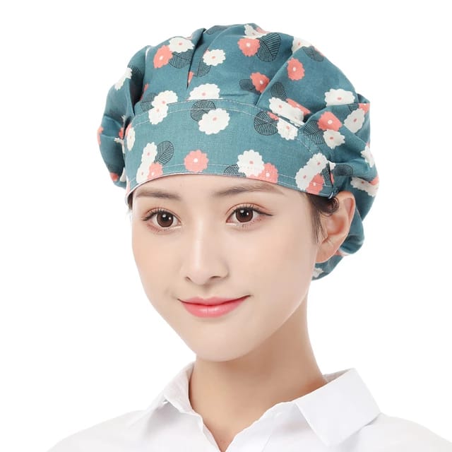 A lady wearing a Kitchen Household Adjustable Cooking Chef Cap