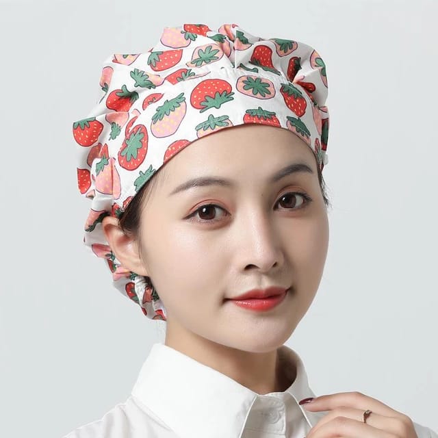 A lady wearing a Kitchen Household Adjustable Cooking Chef Cap