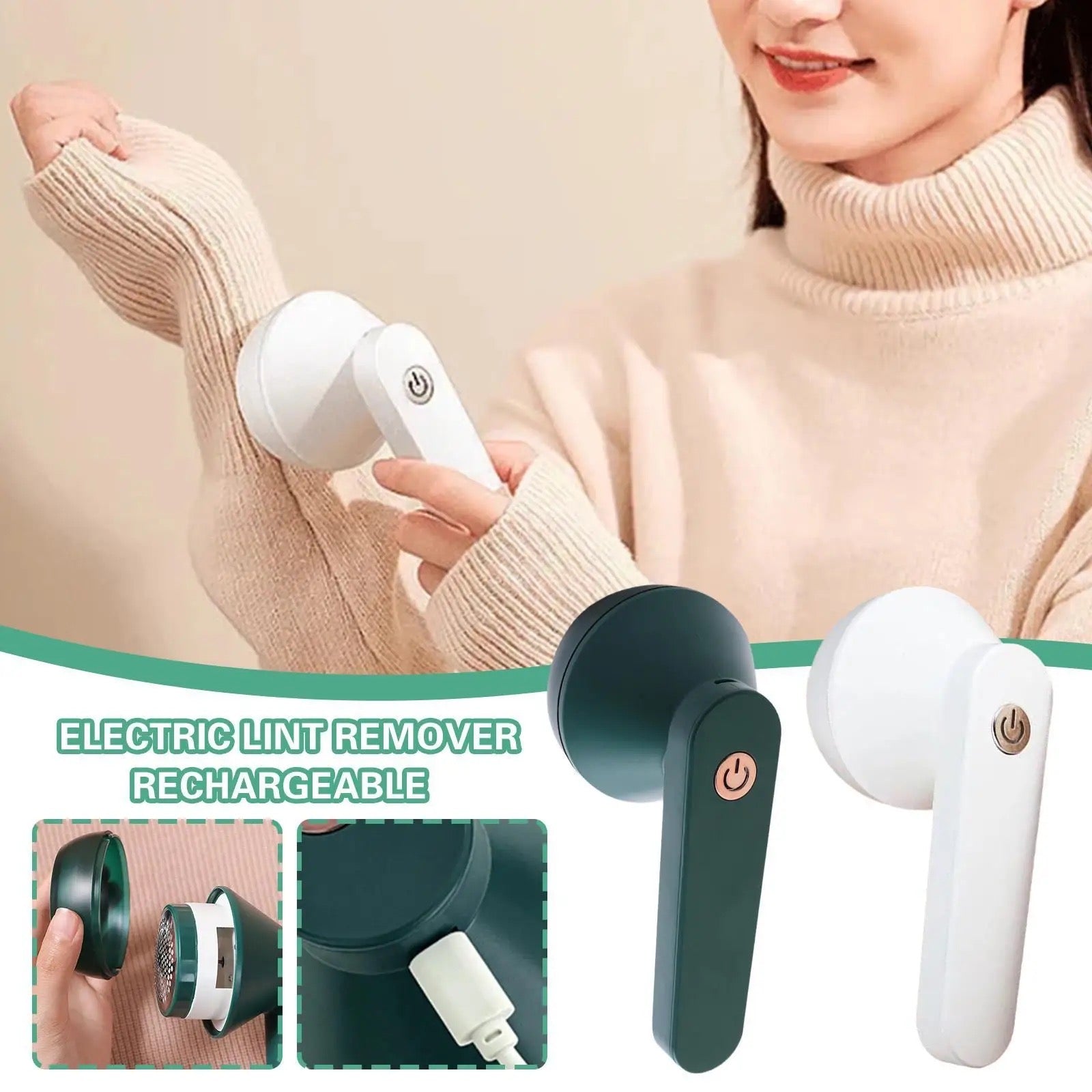 A lady using a Portable USB Rechargeable Lint Remover