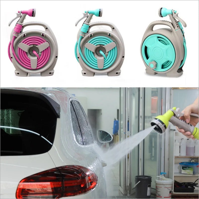Collage image showcasing 3 color variants Water Spray Gun Set and on the other side image shows a person washing a car using Water Spray Gun Set