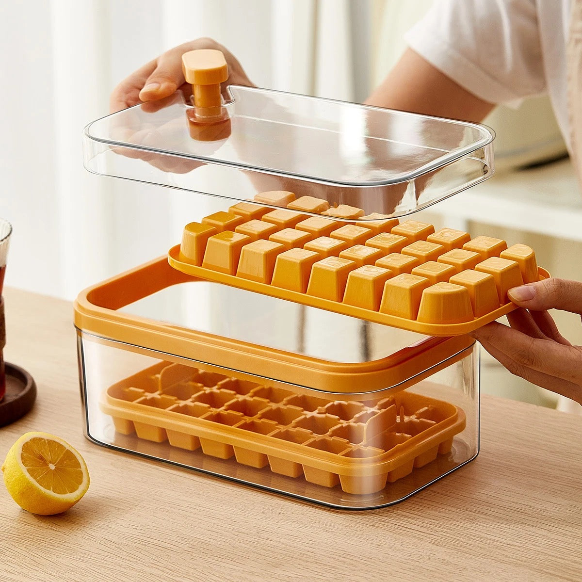 One-Press Transparent Ice Making Mold, Durable Ice Cube Mold Tray with Bin