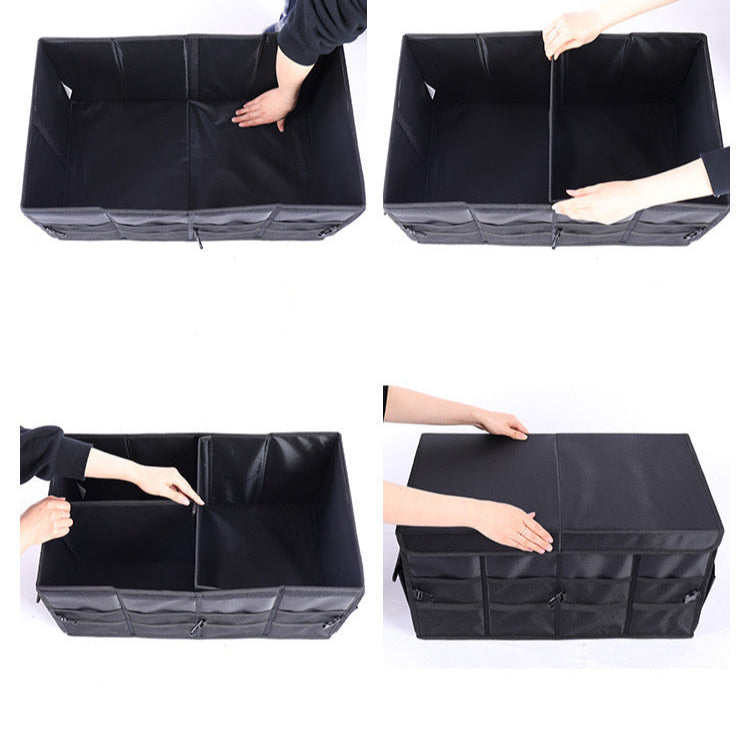 Four distinct images showcasing a car trunk storage organizer box with ample space for organizing various items