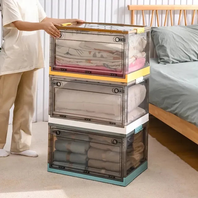 Foldable Plastic Storage Boxes with Latching Lids & Wheels, Clear Storage Stackable Container Bins Foldable Plastic Storage Boxes with Latching Lids & Wheels, Clear Storage Stackable Container Bins