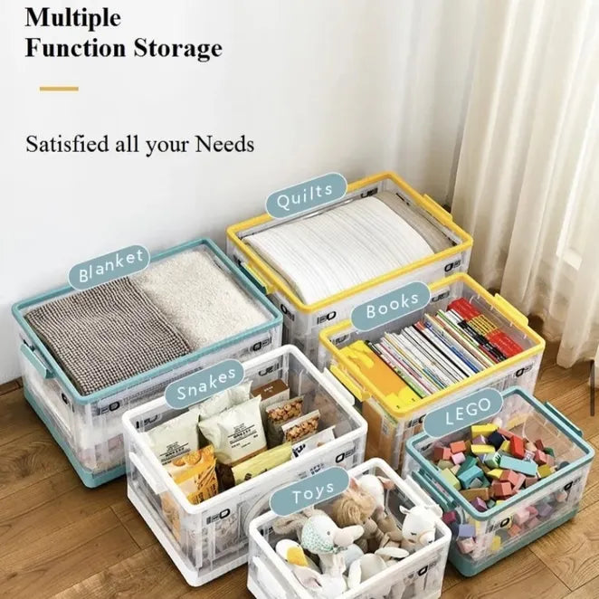 Foldable Plastic Storage Boxes with Latching Lids & Wheels, Clear Storage Stackable Container Bins