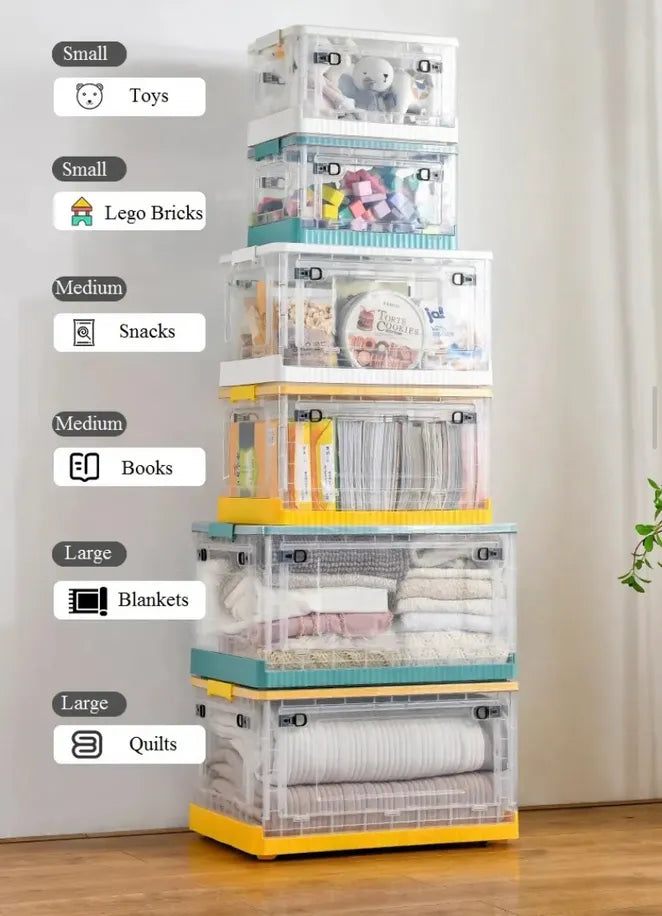 Foldable Plastic Storage Boxes with Latching Lids & Wheels, Clear Storage Stackable Container Bins Foldable Plastic Storage Boxes with Latching Lids & Wheels, Clear Storage Stackable Container Bins