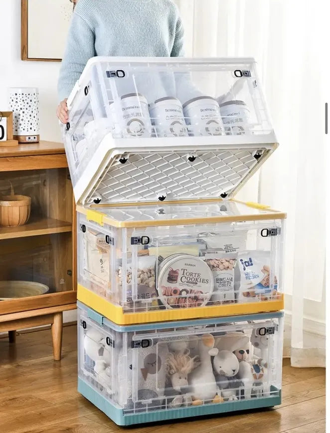 Foldable Plastic Storage Boxes with Latching Lids & Wheels, Clear Storage Stackable Container Bins Foldable Plastic Storage Boxes with Latching Lids & Wheels, Clear Storage Stackable Container Bins