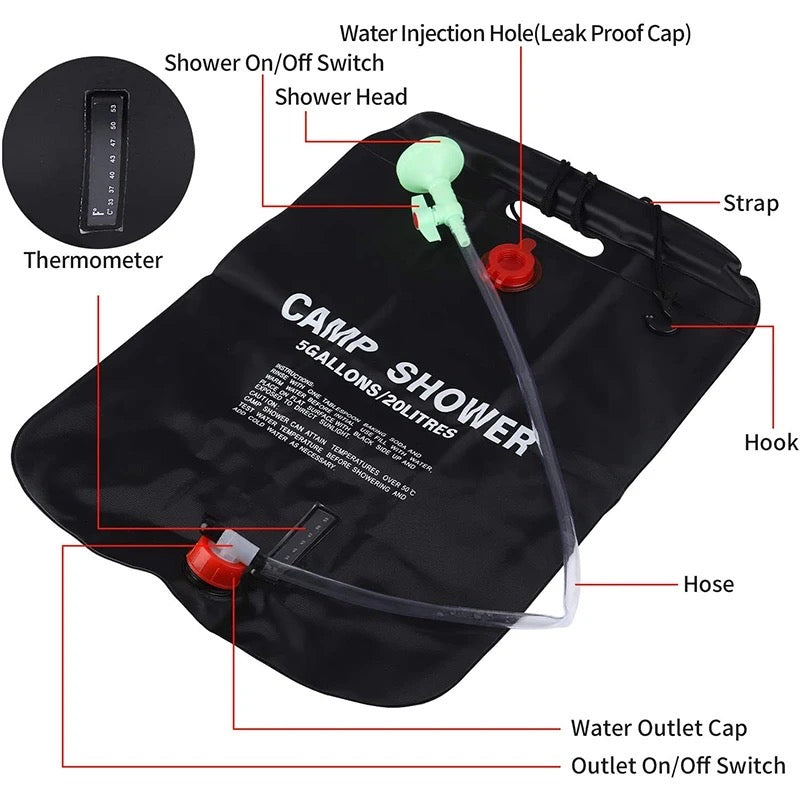 Portable Camp Shower, 5 Gallon/ 20 Liter Shower Solar Camping Bag for Summer Camping Outdoor Travel - Product Features 