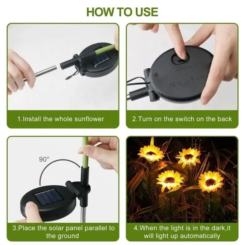 Visual instructions on how to use Solar Sunflowers Outside Garden Lawn Decor Light