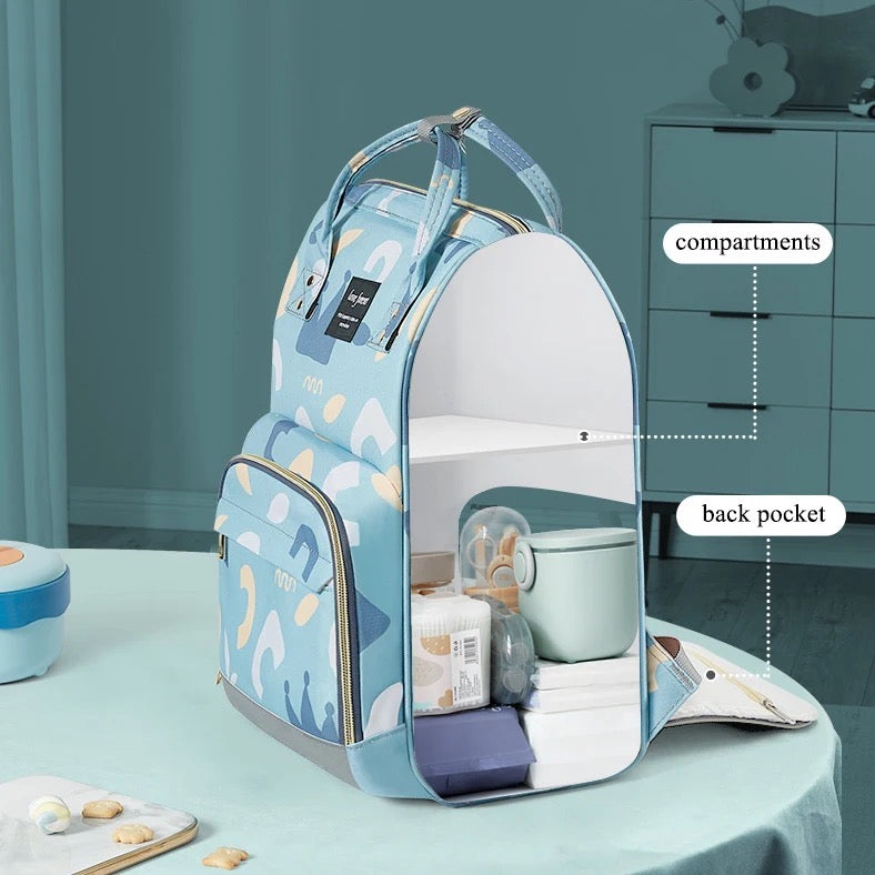 A stylish waterproof mummy backpack, designed as a travel diaper bag, showcasing its contents and accompanying usage instructions.