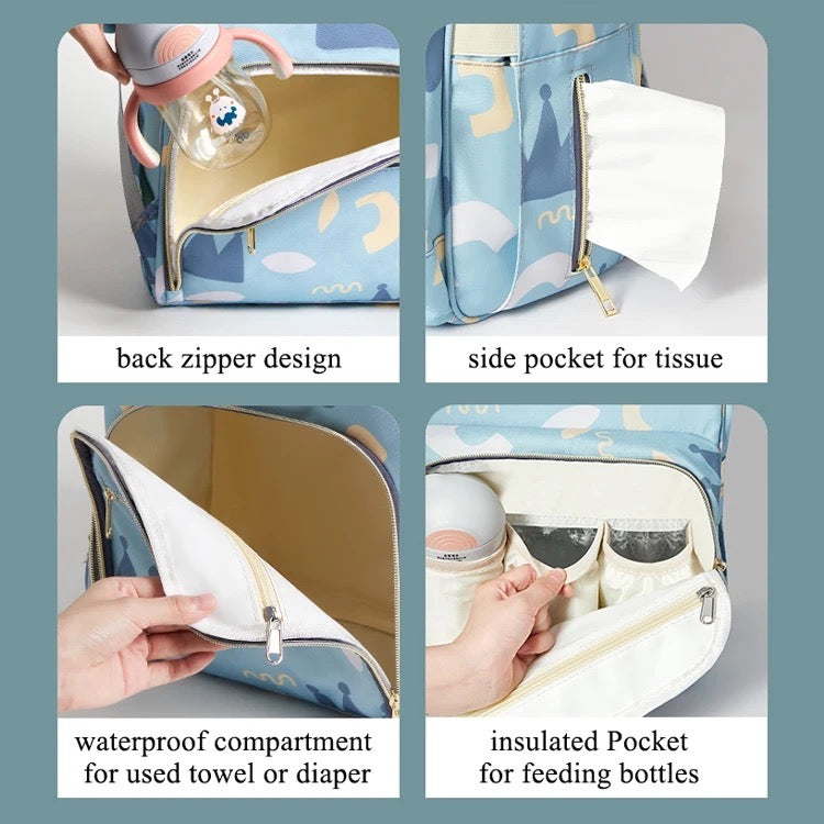 A stylish waterproof mummy backpack, designed as a travel diaper bag, showcasing its contents and accompanying usage instructions.